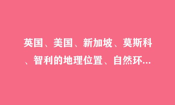 英国、美国、新加坡、莫斯科、智利的地理位置、自然环境、人文环境分别是什么？