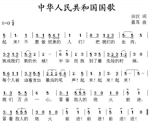 中华人民共和国国歌简谱