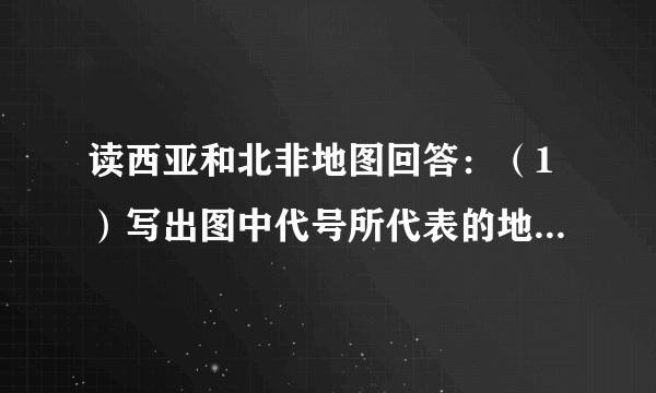 读西亚和北非地图回答：（1）写出图中代号所代表的地理事物名称海域：A______；大洲：a______；运河：5__