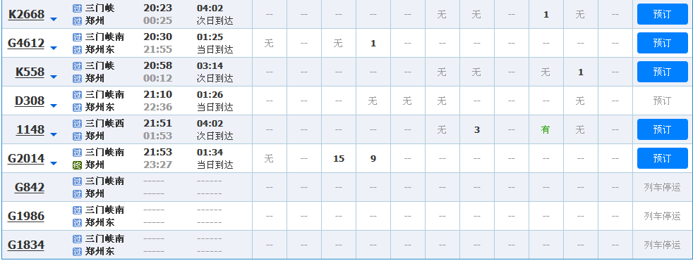 三门峡东站至郑州东站列车时刻表