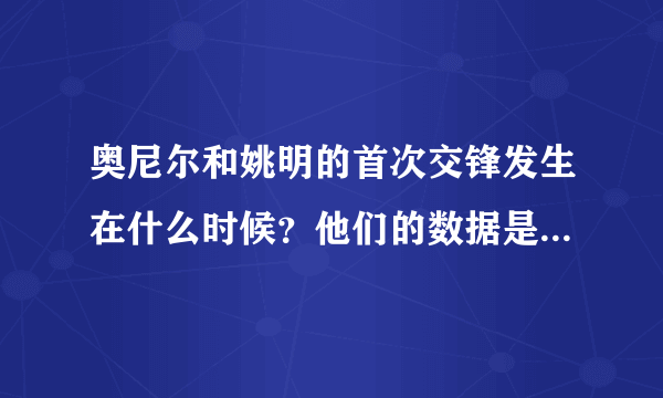 奥尼尔和姚明的首次交锋发生在什么时候？他们的数据是多少？你如何评价他们之间的交锋？